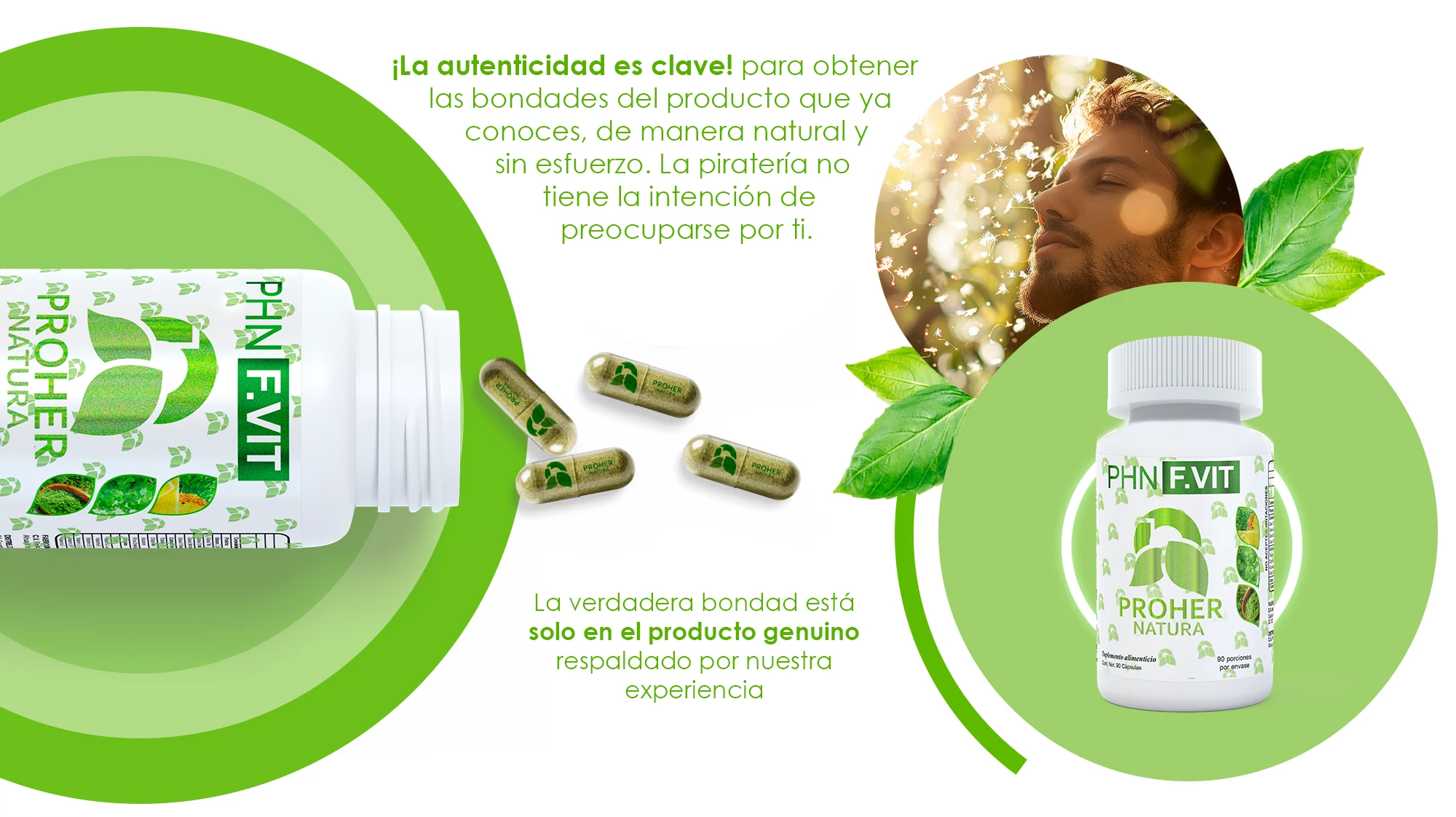 Frasco de PHN F.VIT con cápsulas esparcidas y mensaje sobre comprar producto genuino