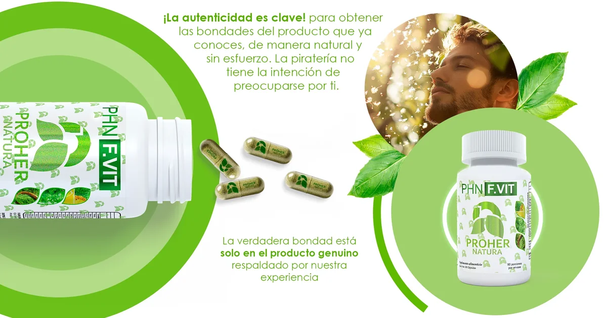 Frasco de PHN F.VIT con cápsulas con el logo de Proher Natura grabado